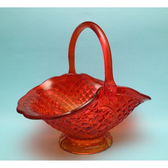 Amberina Indiana Glass Fruit Diamond Pattern Carnival Glass Basket Cadmium Glow - Picture 5 of 7
